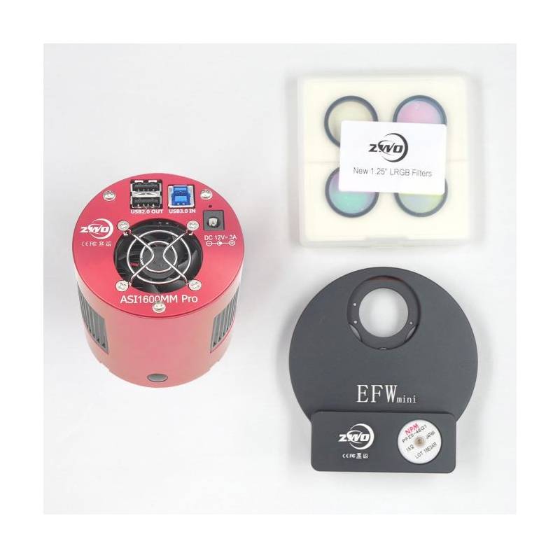 Pack Caméra ZWO ASI1600MM Pro + Roue à filtres EFW mini + 4 filtres LRGB 31,75mm optimisés pour ASI 1600